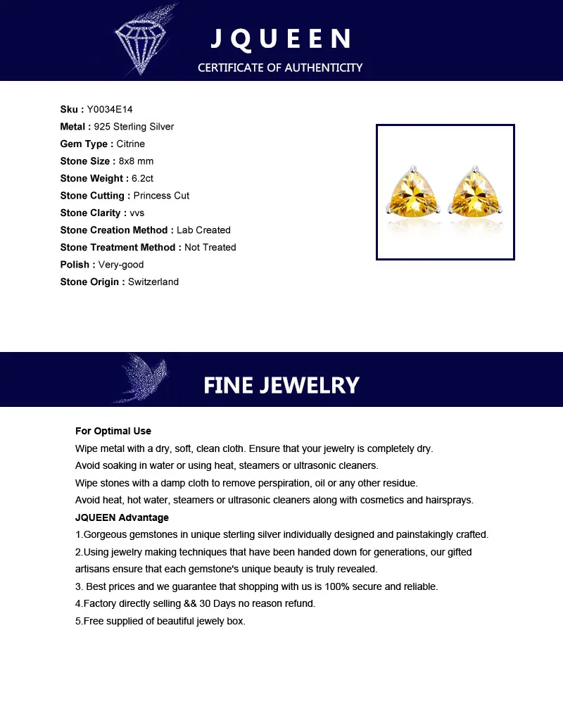 6.2ct подлинные 925 пробы серебряные Свадебные обручальные ювелирные изделия треугольные цитриновые Серьги brincos модные ювелирные изделия для женщин