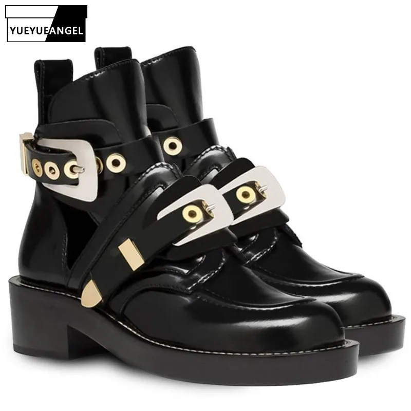 

Brand Buckle Strap Thick Heel Ankle Boots Real Leather Women Hollow Out Punk Motorcycle Boots Runway Summer Shoes Plus Size 42