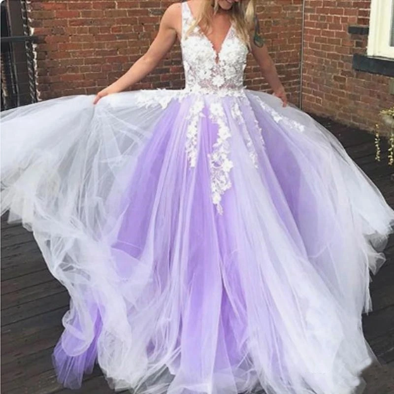 

Tulle Evening Dress 2020 Purple And White Appliques Beading A-line V-neck Sweep Train Sleeveless Graceful Special Occasion Gown