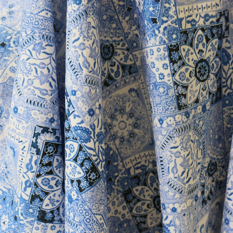 50cm*145cm Ethnic Silk Cotton Textile Vintage Chinese Blue White Fabric For Children | Дом и сад