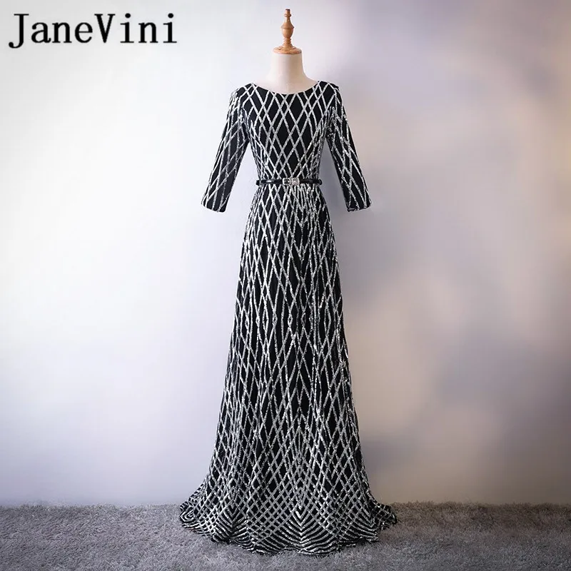 

JaneVini Luxury Silver Sequins Ladies Dresses for Wedding Party Black Prom Dress Long Bridesmaid Dresses Vestido De Festa Barato