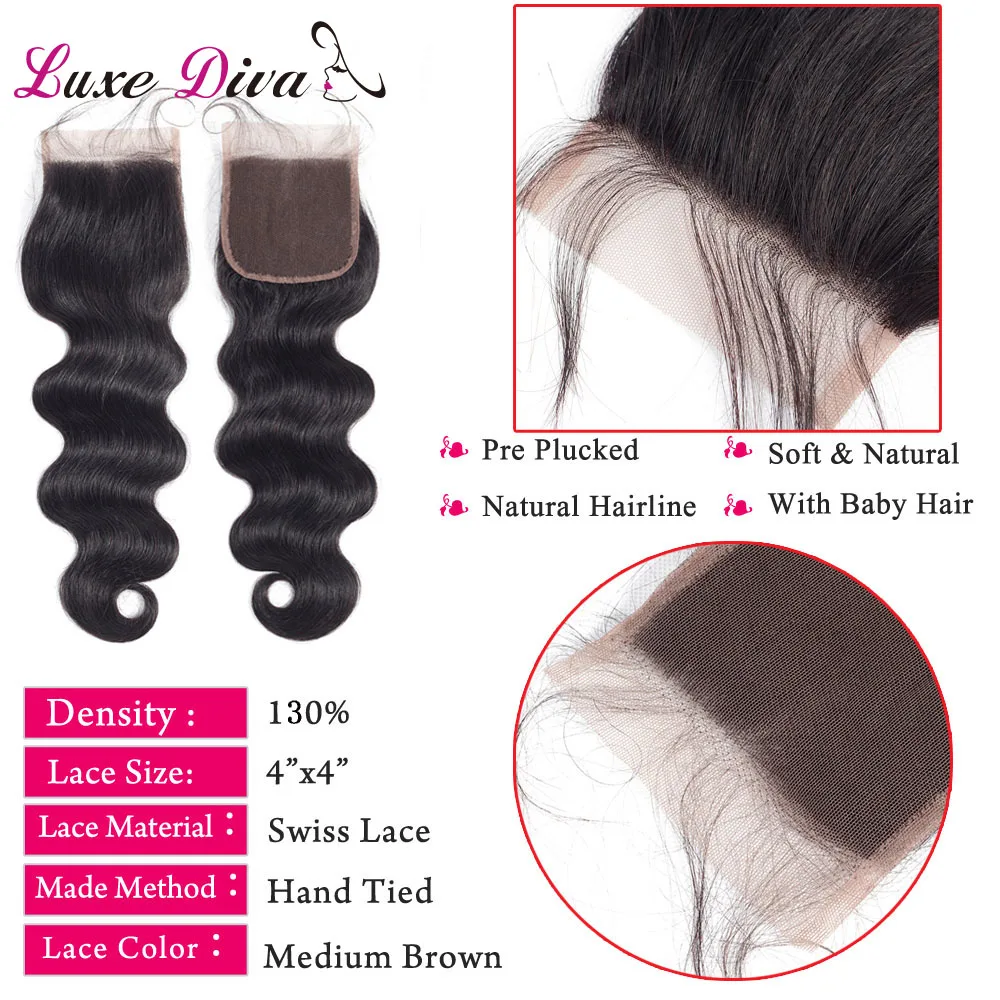 LUXE DIVA бразильское тело волна Кружева Закрытие 1 шт. натуральный цвет 8-20 дюймов 4*4