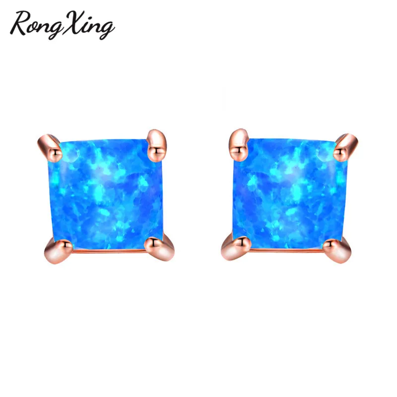 Женские серьги гвоздики RongXing квадратные с голубым огненным опалом и камнем