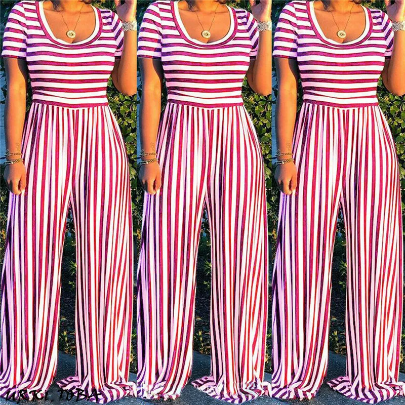 

Women's O-Neck Striped Jumpsuit Romper Sexy Summer Short Sleeve Casual Clubwear Wide Leg Pants Outfits Female Plus Size Jumpsuit