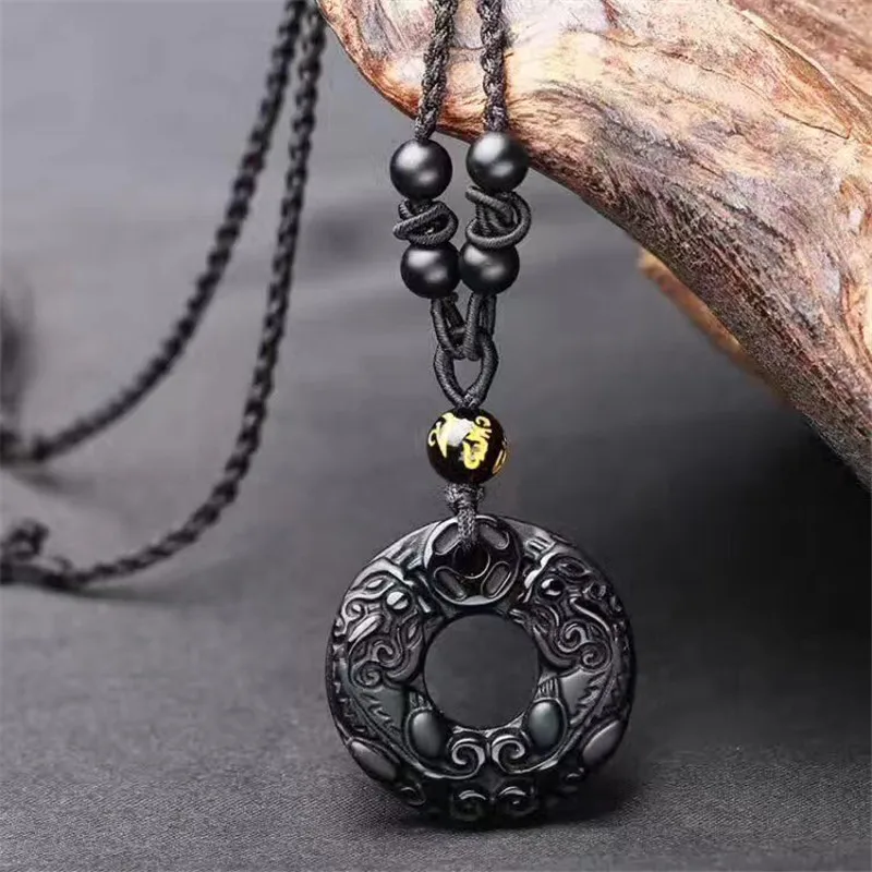 Подвеска из черного обсидиана 100% кулон с пряжкой в виде пончика ожерелье подарок