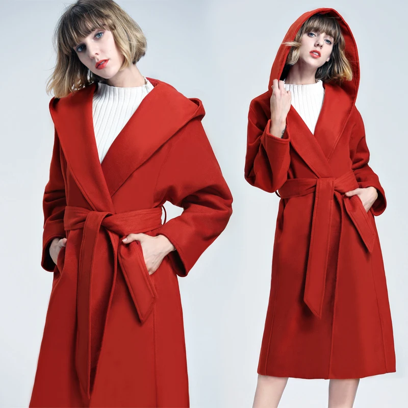 Осенне-зимнее плотное пальто с капюшоном поясом женское повседневное свободное