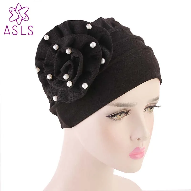 

Fashion Women Caps New Big Flower Ladies Headgear Beaded Muslim Headscarf Hat