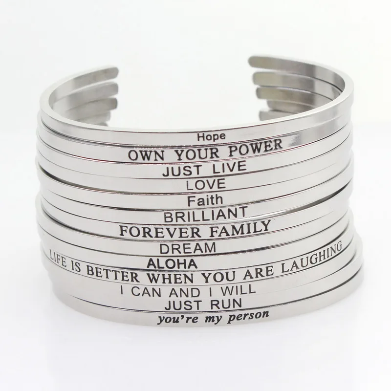 

New Stainless Steel Bangle Engraved Positive Inspirational Quote Hand Stamped Cuff Mantra Bracelets For Men Women