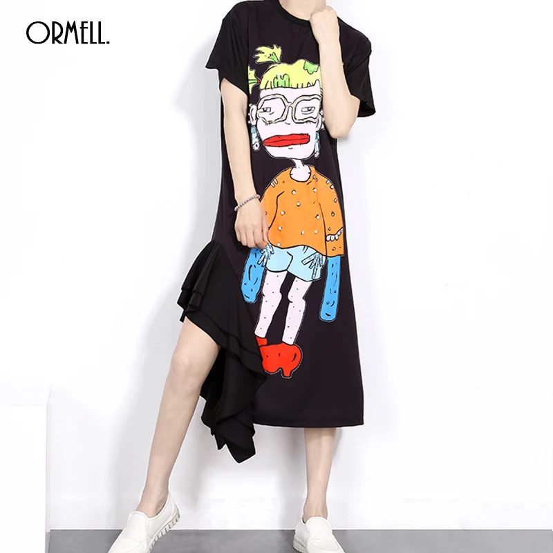 ORMELL 2016 Новый Designer Summer Hot Sale Женская Мода Черный Белый Печатных Асимметричный О Шея
