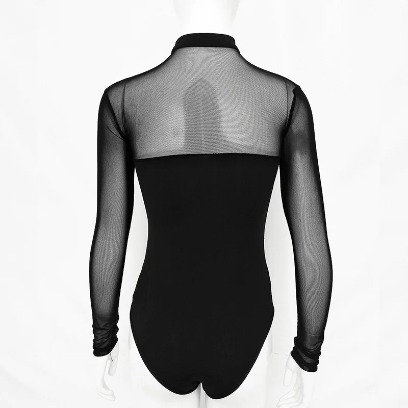 Newly Sexy Women Mesh Transparent Halter Bodysuit Long Sleeve Lace Up Hollow Skinny Jumpsuit DO99