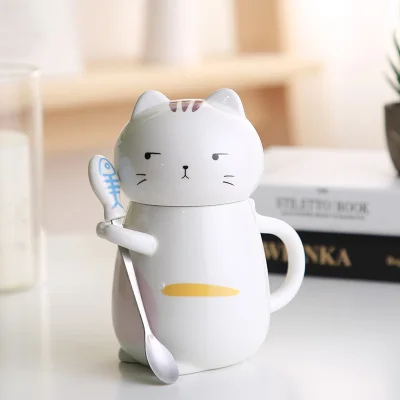 3D креативные кофейные кружки Kawaii С мультяшным котом, керамическая чашка с крышкой, чайные чашки с ложкой, бутылка для воды, чашка для завтрака, подарки для влюбленных - Цвет: C