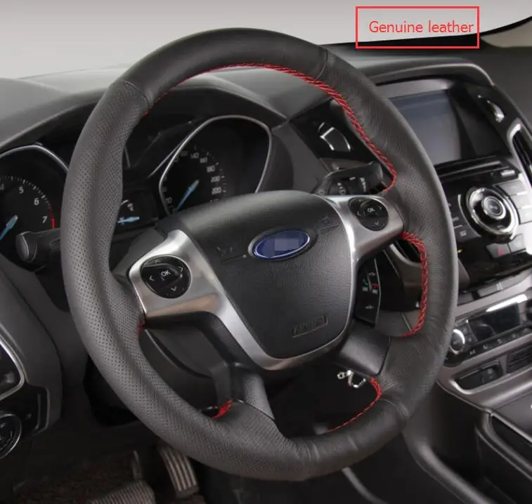 black genuine Оплетка на руль для Ford Focus 3 2012- KUGA Escape 2013- C-MAX 2011- кожаный чехол на руль - Название цвета: black genuine