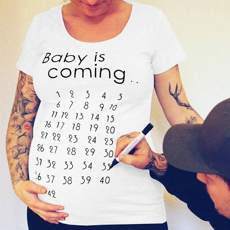 Baby Is Coming, Футболка для беременных, топы, заплатки, одежда для мамы, женская одежда с календарем и обратным отсчетом, нашивки для беременных