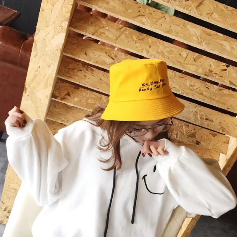 

Bucket Hats ins hot all-match hat men's women's unisex Japanese art style version of the letter embroidered big hat bowl cap