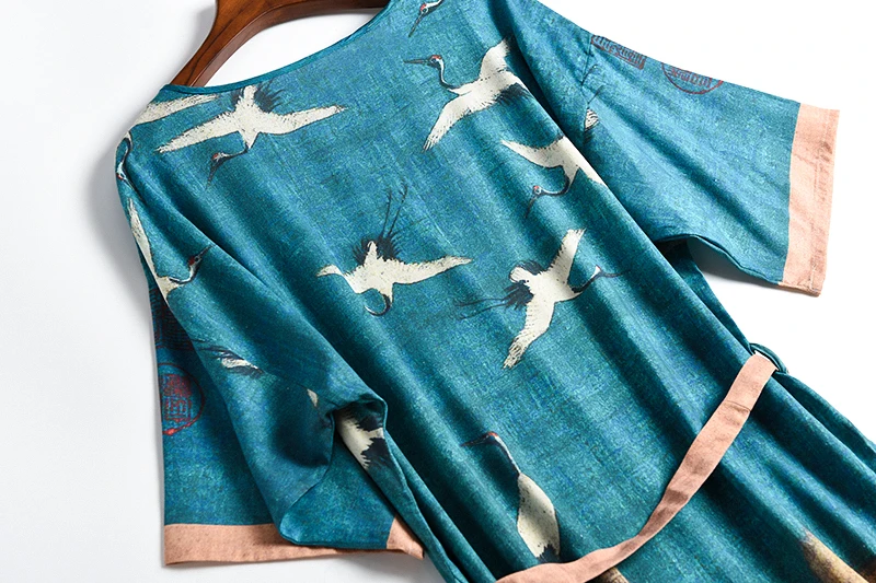 Женское летнее шелковое платье с круглым вырезом и принтом птиц винтажные