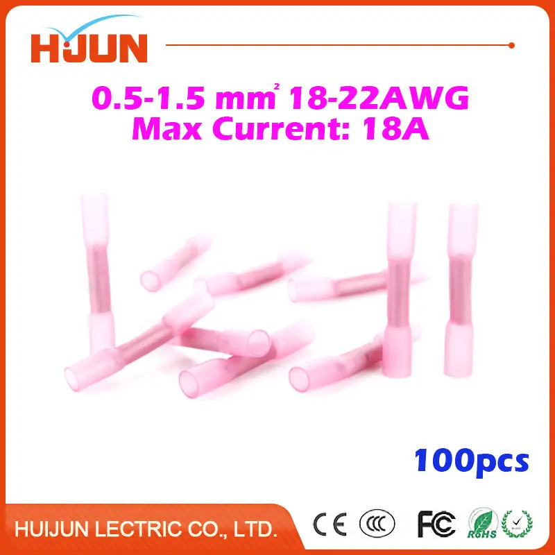 

100pcs/lot Heat Shrink Butt Crimp Terminals Insulated Electrical Wire Cable Waterproof Connectors BHT1.25 Red 22-18AWG 18A