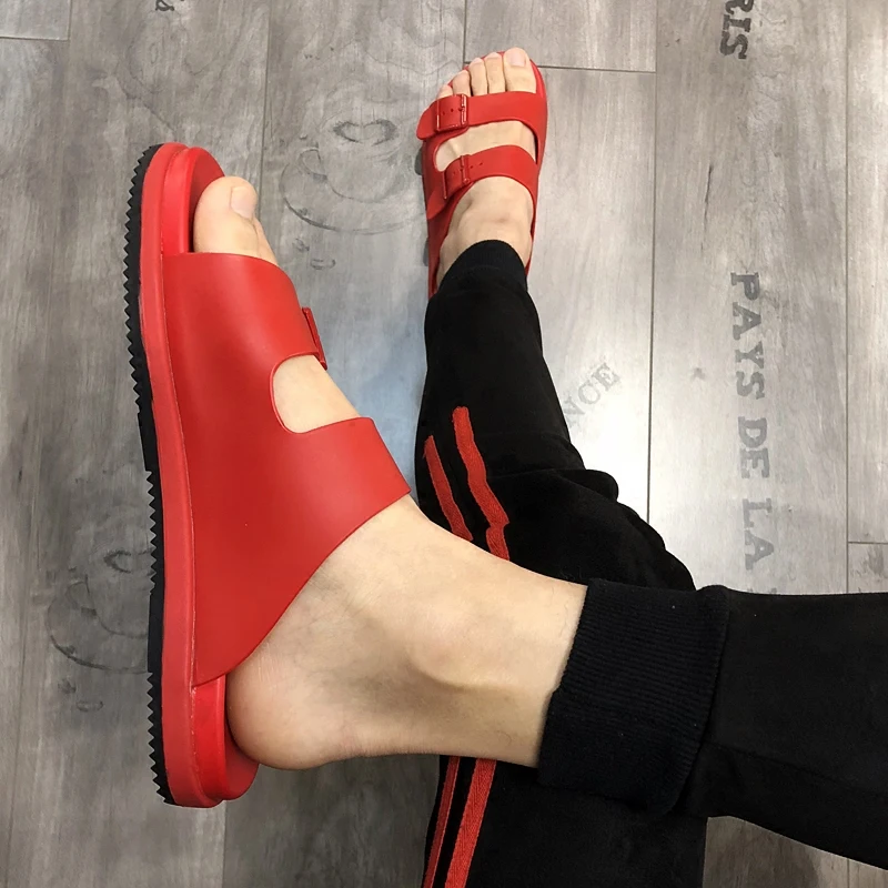 

Red Black Mens Slippers Hot Selling Summer Hot Men Gladiators Flat heel Leather Sandalias2018