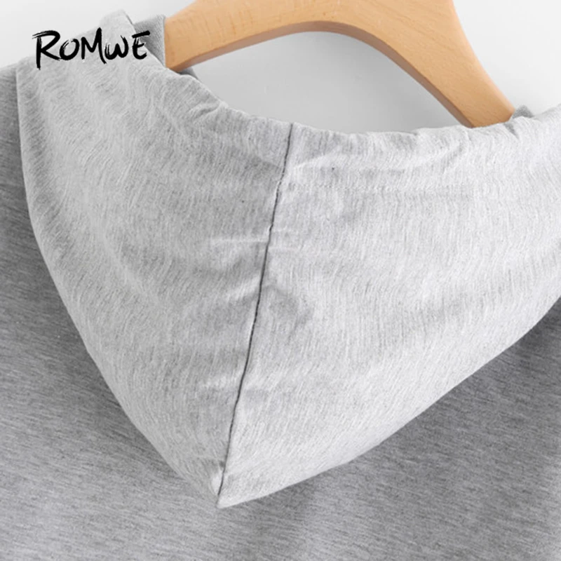 ROMWE Slogan Print серый толстовки письмо печати Для женщин Графический краткое худи карман Толстовка новые осенние толстовки с длинными рукавами