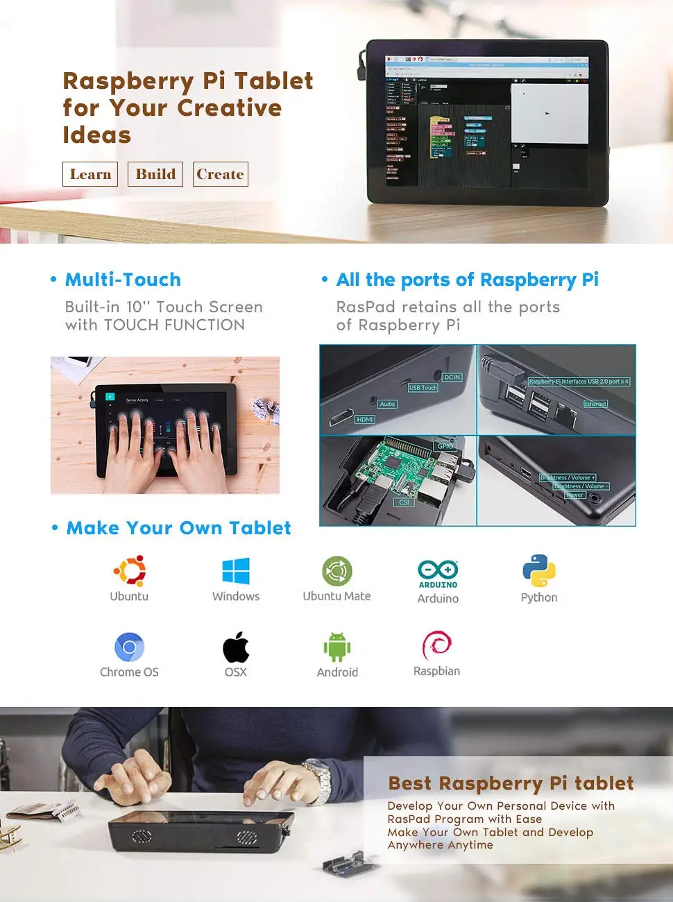 Sunfower Raspad-планшет Raspberry Pi, встроенный аккумулятор, сенсорный экран 10,1 дюйма и аудио в одном для Raspberry Pi 3B+ и IoT/AI
