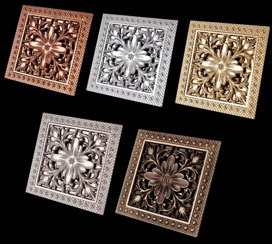 

5 Colors High quality 15cm*15cm antique brass square vintage art carved floor drain cover shower waste drainer bathroom accessor