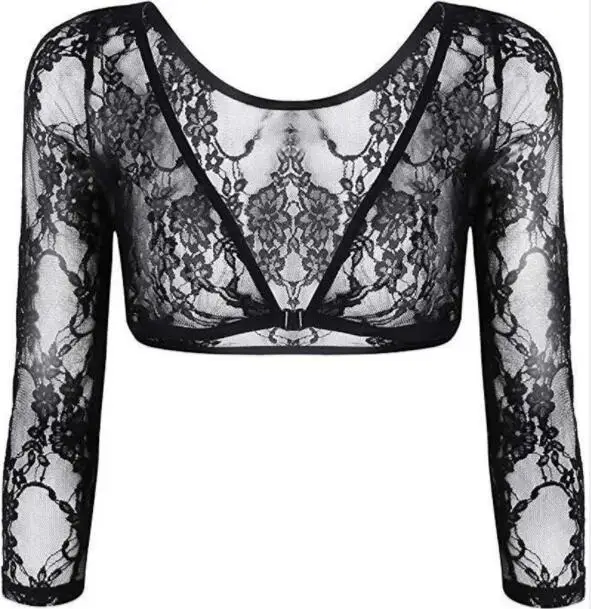 

2020 New Fashion Women Tops Long Sleeve V-neck Short Mesh Lace Crop Tops Shirts Summer Female Sexy Tees Black White
