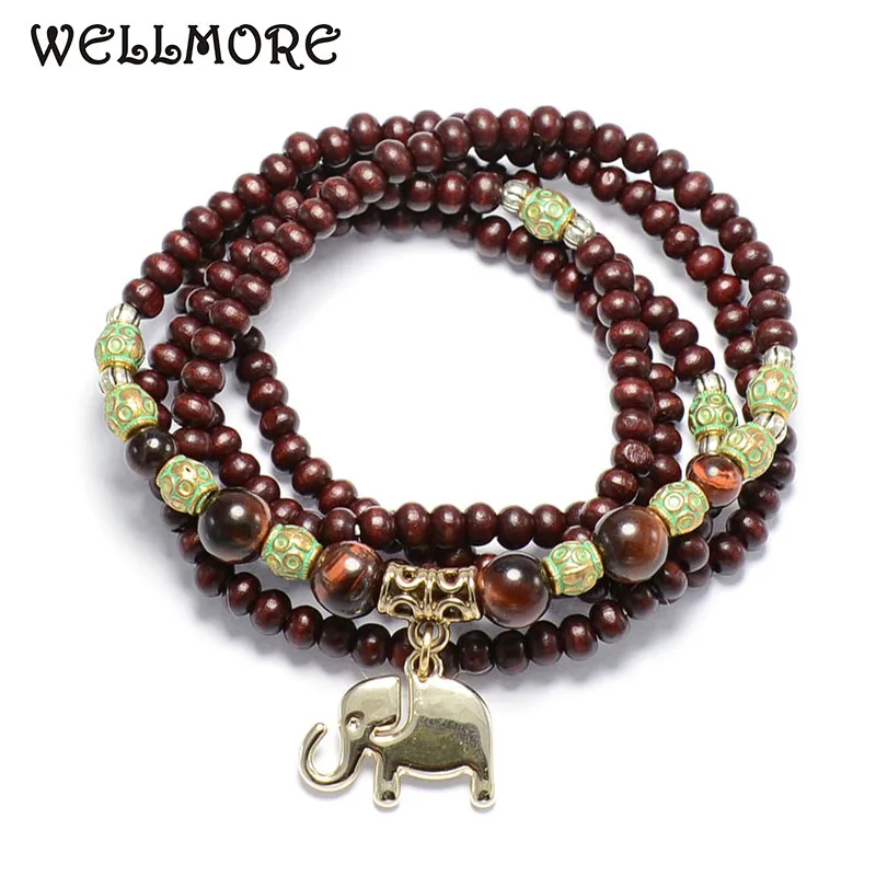 Браслеты WELLMORE бусины из натурального дерева & tiger eye бусин 5 слоев браслетов бисера
