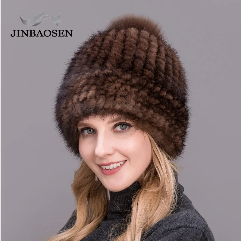 JINBAOSEN новая Толстая шапка женская зимняя вязаная с помпоном из лисьего меха