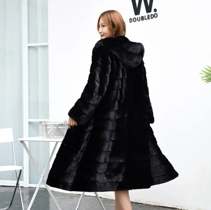 Autumn faux mink leather jacket womens long coats winter thicken warm fur leather coat women slim jackets fashion Hooded black