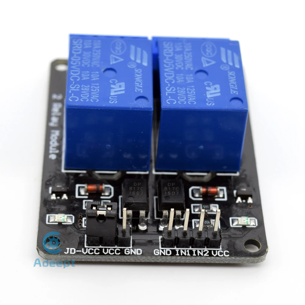 Модуль двухканальной релейной платы Adeept 5 В для Arduino Raspberry Pi ARM AVR DSP PIC бесплатная