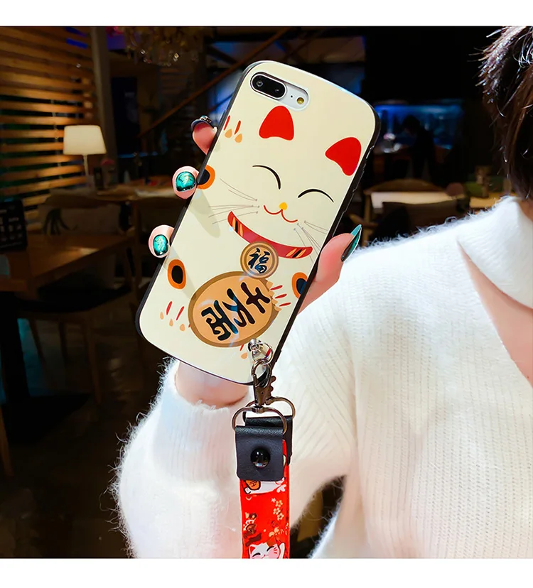 Роскошный защитный чехол для iphone XS max XR X с изображением кошки, мягкий чехол для iphone 11 Pro max 6 7 8 plus Maneki Neko+ ремни