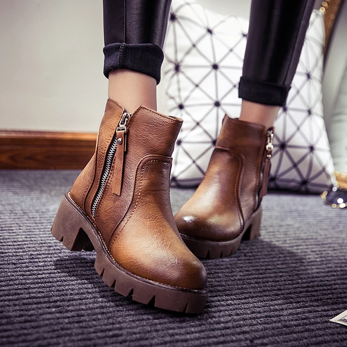 Осень и зима женская обувь старинные моды лодыжки сапоги ботинки женщин толстые