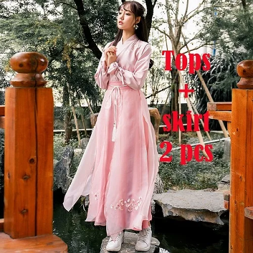 2 pieces set Розовое китайское платье Hanfu Cheongsam Топ китайская рубашка Китай одежда Китайский традиционный костюм для женщин юбка весна DL3758 - Цвет: 2 pieces set