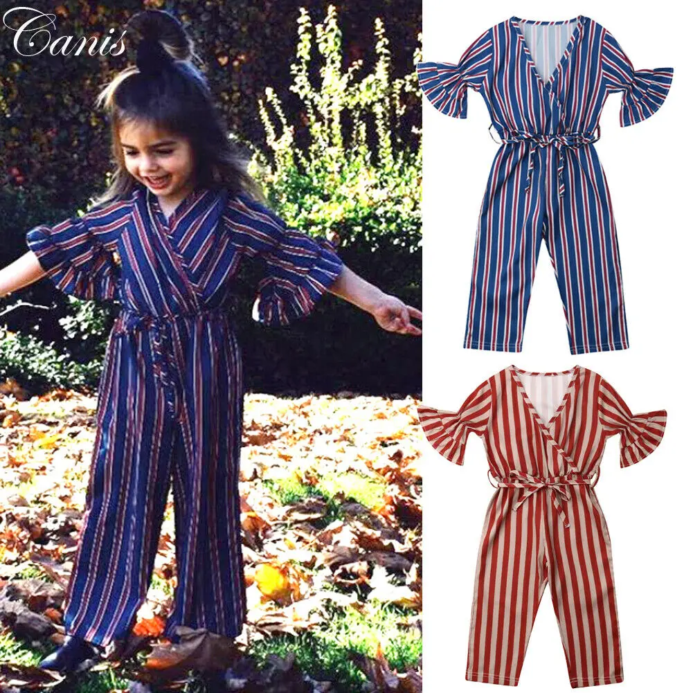 Хлопковый комбинезон в полоску для маленьких девочек летние штаны с поясом на