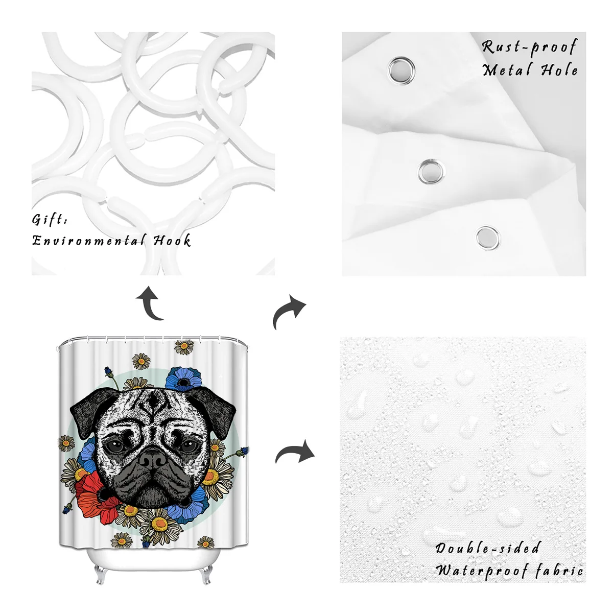 Cute Flower And Dog Extra Long Fabric Bath Shower Curtains 3D Ancient World Mildew-resistant Bathroom Decor Sets with Hooks | Дом и сад
