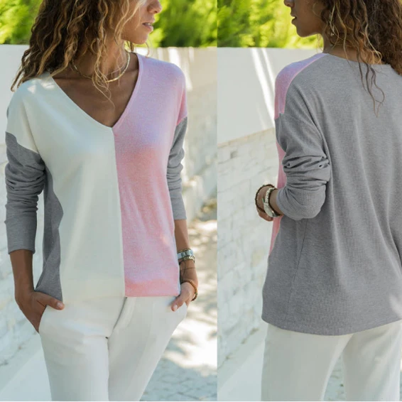 Fashion Women Patchwork Blouse Shirt Sexy V Neck Long Sleeve Tops Female Casual Shirts |
