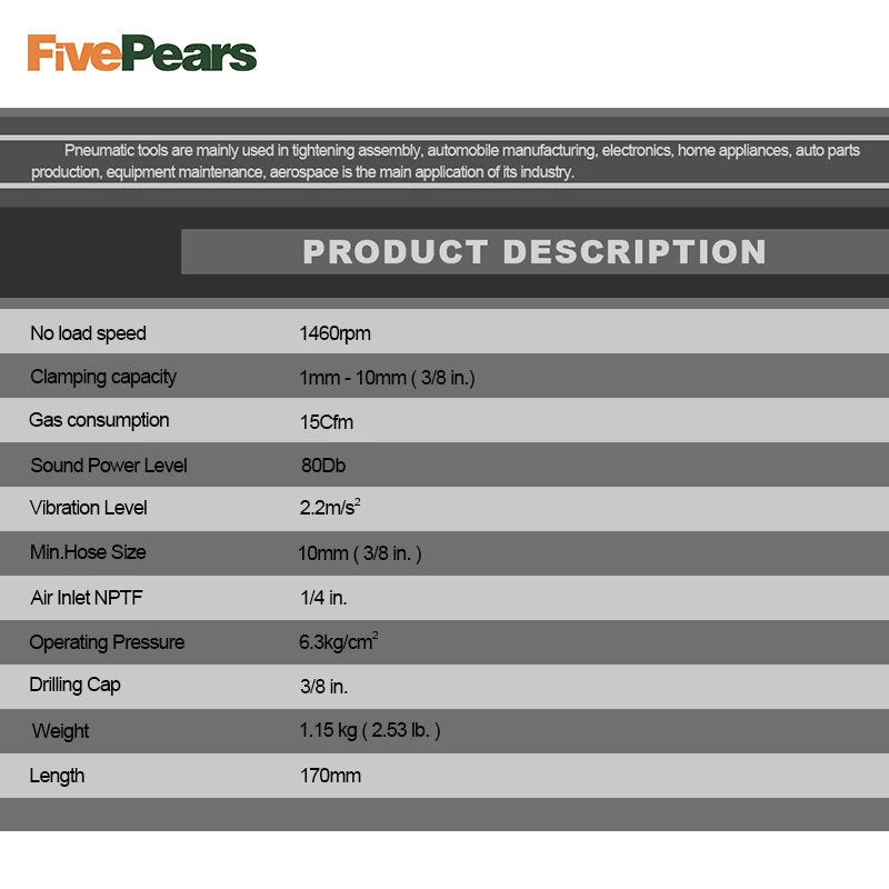 FivePears 3/" пневматическая дрель с высоким крутящим моментом, инструмент для бурения, инструмент для шлифования ветра 10 мм 13 мм, реверсивный переключатель 1460 об/мин
