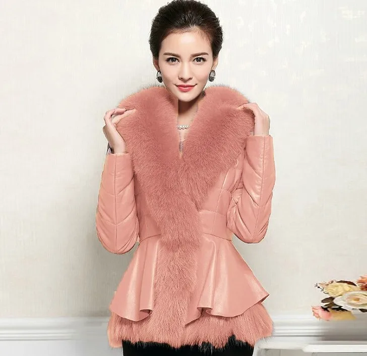 2014 New Leather grass sheep leather oversized fox fur collar down jacket women short paragraph Korean version of Slim Jacket | Женская