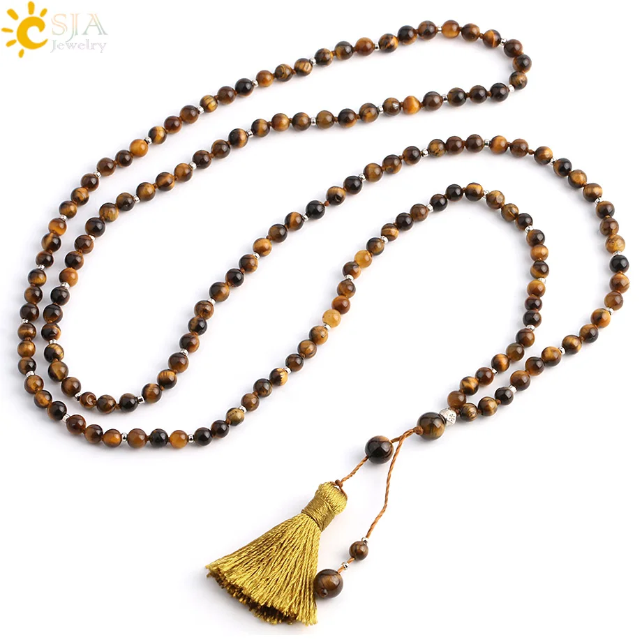 Длинное ожерелье CSJA из натурального камня тигровый глаз в стиле бохо веревочное