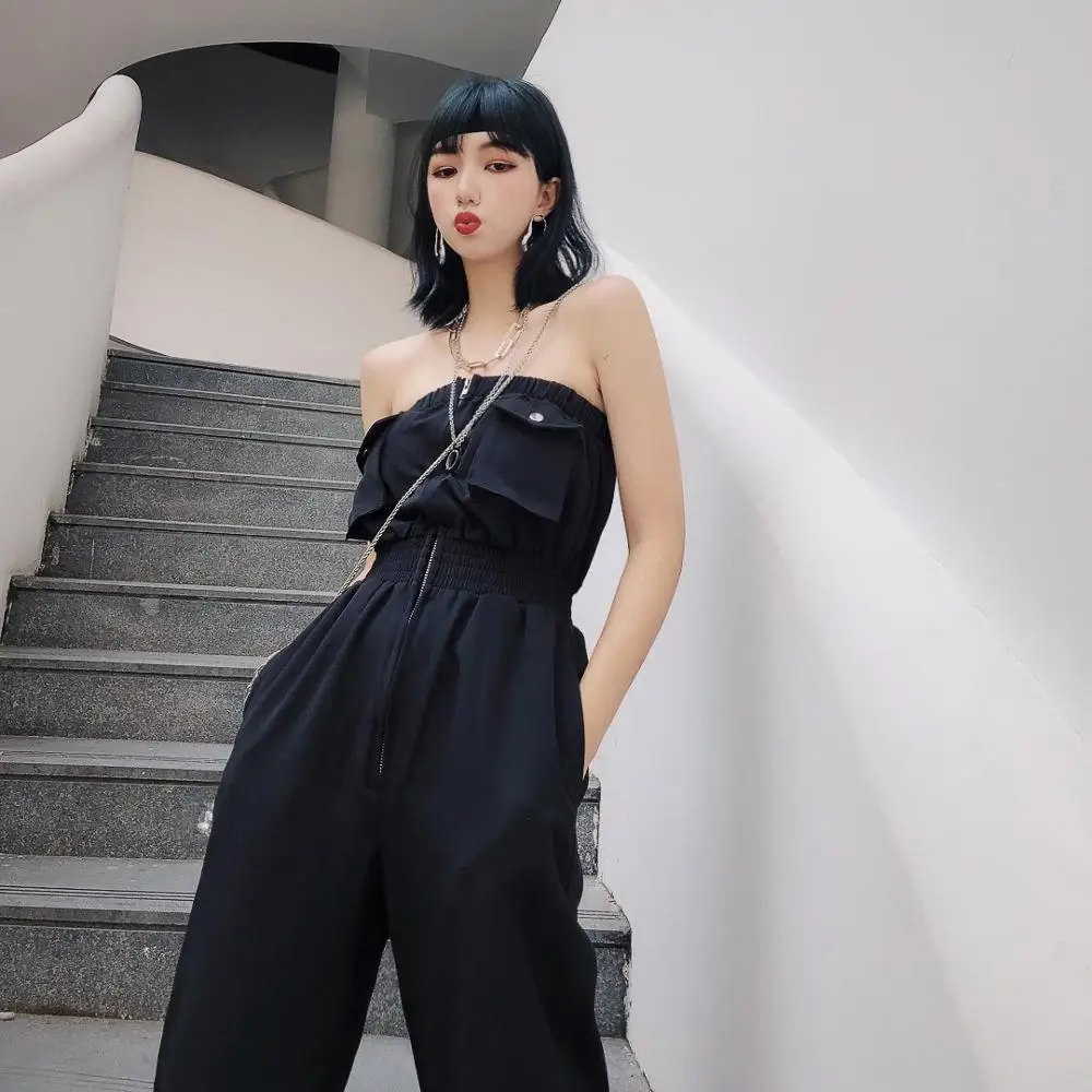 Jasmine fashion personality Shoulder-exposed сексуальный черный комбинезон для вытирания груди
