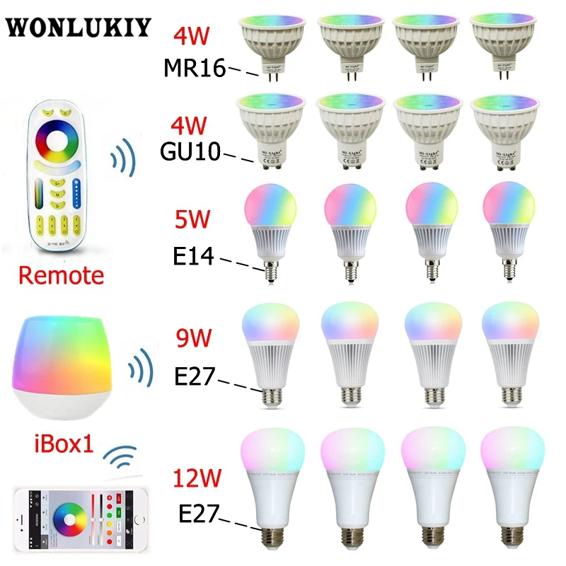 Светодиодная лампа Mi Light 4 Вт 5 9 12 MR16 GU10 E14 E27 RGBCCT (RGB + теплый белый белый) Управление