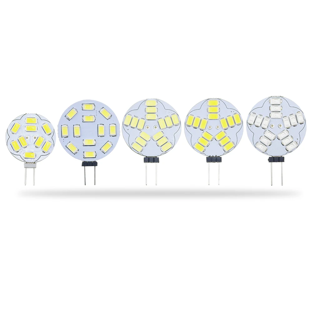 

Светодиодная лампа G4, 12 В постоянного тока, 5730 SMD, круглые светодиодные двухконтактные лампы 9, 12, 15 светодиодов для кемпинга, уличное освещен...