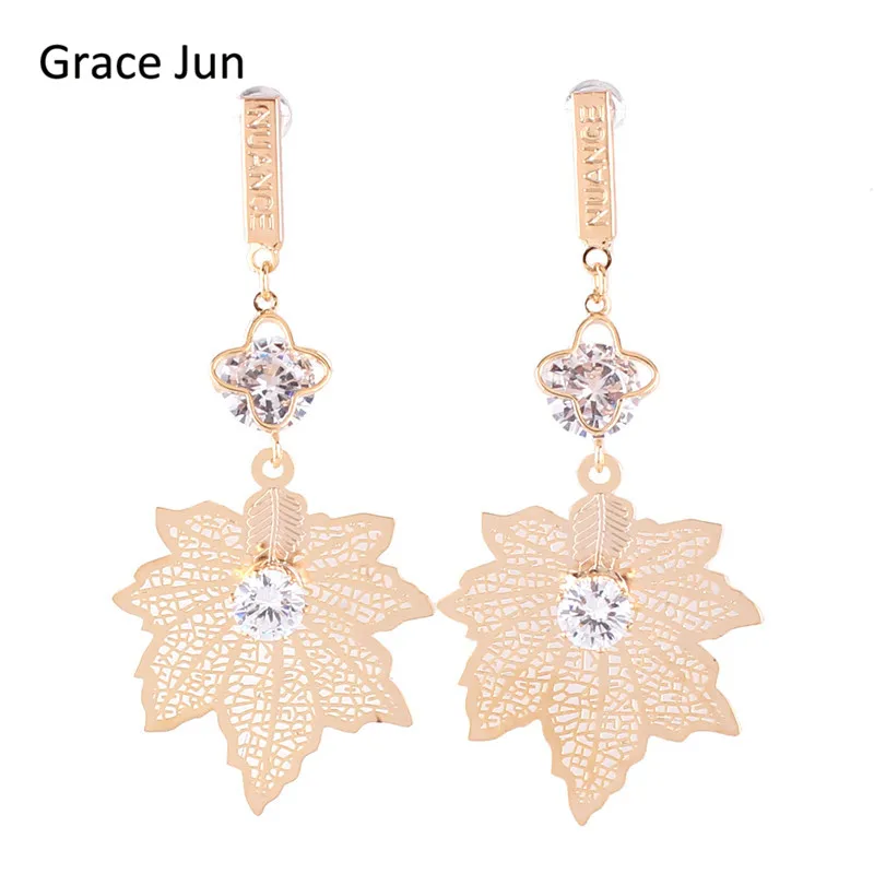 

Бренд Grace Jun, 4 вида цветов, на выбор, кубический циркон, кленовые листья, клипсы, серьги без пирсинга для женщин, модные большие серьги