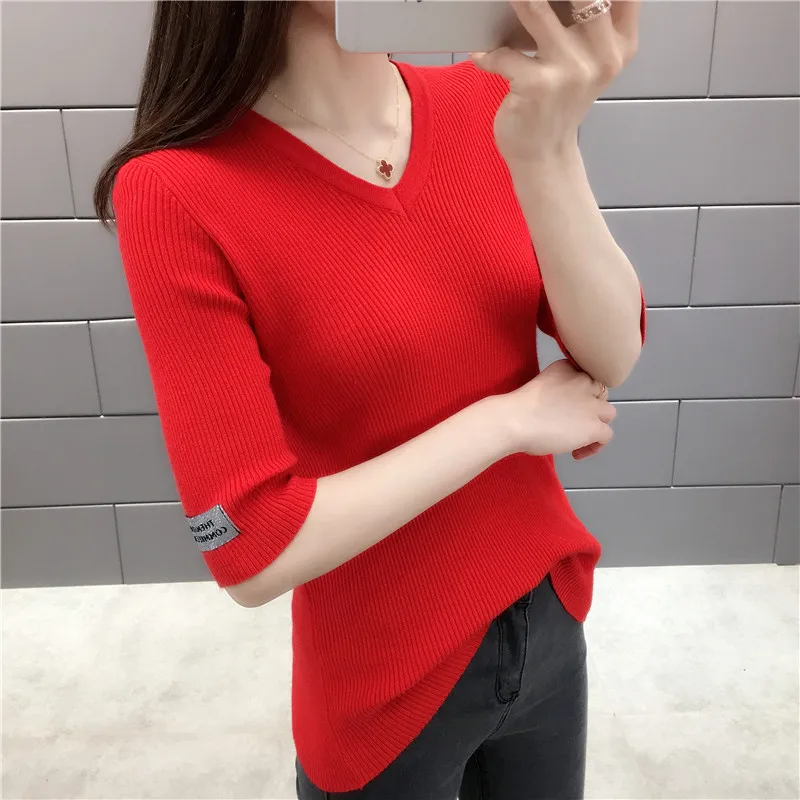 Summer 2019 Women New V-neck Sweaters Half Sleeve Slim Thin Pullovers Top Female Knitted Sweater 8 Colors | Женская одежда