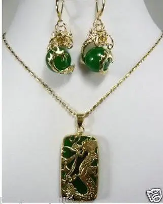 

Hot selling@> New Jewelry Green Natural stone Dragon earring Pendant necklace set AAA Plated gold Bridal wide watch wings quee