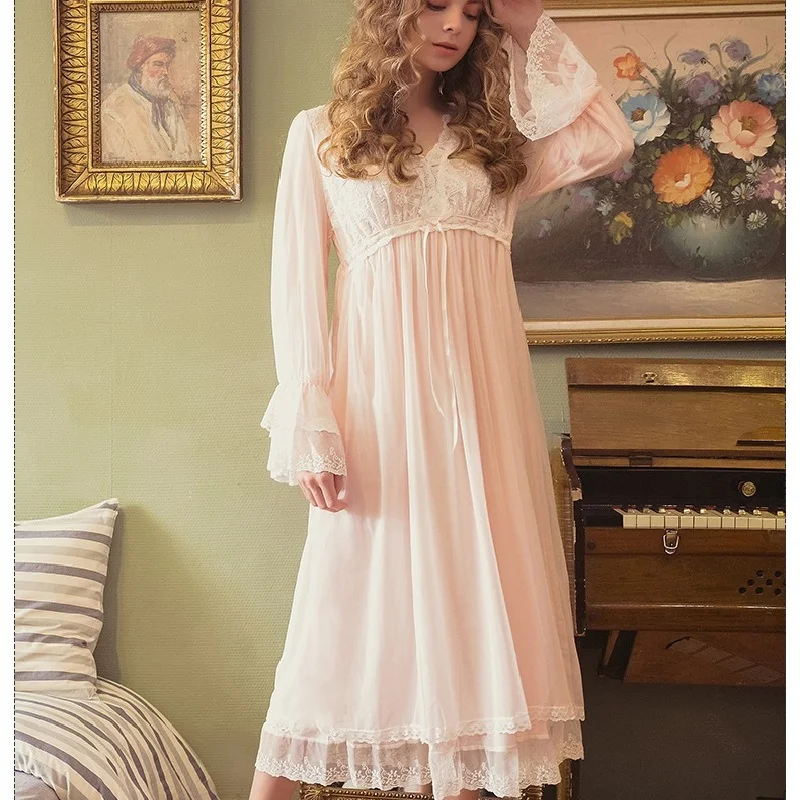 Модные весенние Хлопковые женские ночные рубашки свободные белые кружевные