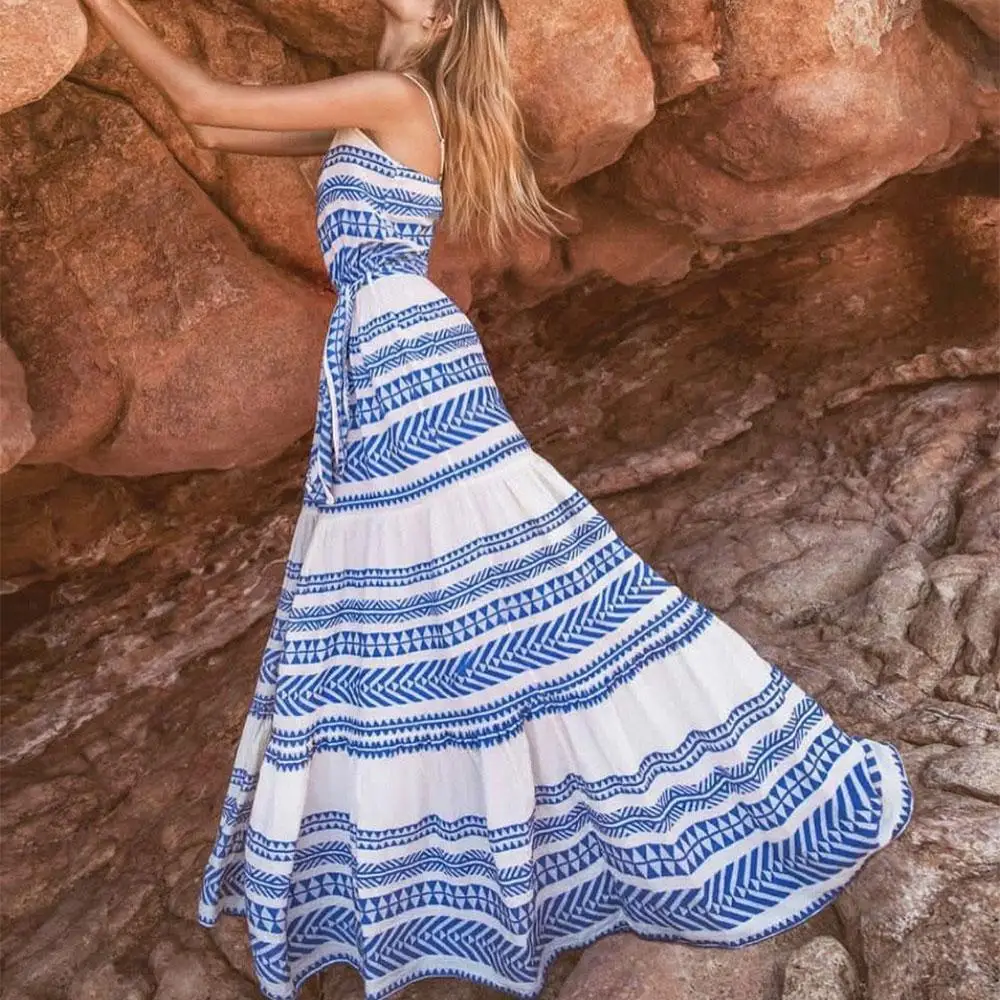 Женское длинное платье ELSVIOS летнее пляжное с поясом открытой спиной и принтом |