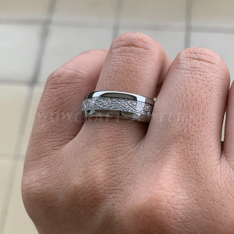 8 мм вольфрамовые кольца для мужчин, Серебряная Инкрустация метеорита, Женское кольцо, обручальное купольное кольцо, полированное блестящее кольцо, подходит для помолвки, подарок