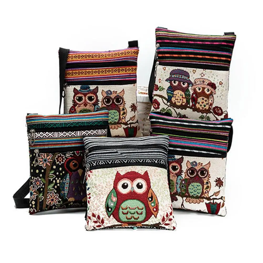 

Colorful Linen Cartoon Owl Embroidery Shoulder Bag Zipper Women's Crossbody Pouch