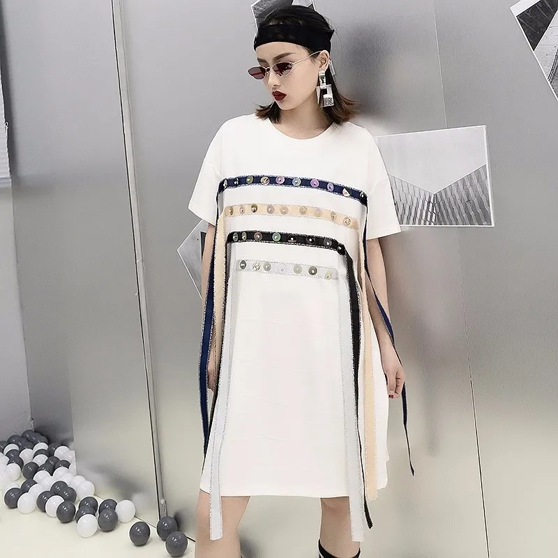 TWOTWINSTYLE полосатая футболка с кисточками платья для женщин короткий рукав пайетки