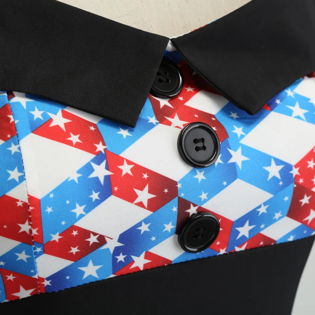 Women Independence Day Halter Neck Flag Print Stitching Buttons Big Swing Dress Summer Elegant High Waist Casual Ball Gown | Женская